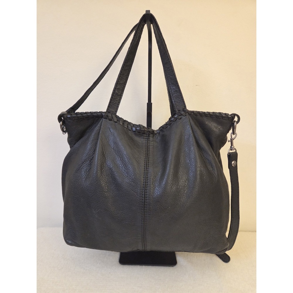 Patricia Nash Black Leather Convertible Tote Backpack Bag Whipstitch Trim Zip...